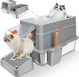 Reamfit Caixa de Areia para Gatos, 62*38*34CM, Extra Grande, Aço Inoxidável, Três Formas de Uso, Fechada, Banheiro para Gatos