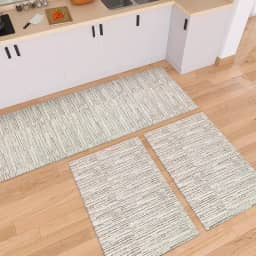 Tapete Kit de Cozinha Antiderrapante 3 Peças Mesclado Geométrico Conjunto Passadeira 1,30m x 45cm Capacho 65cm x 45cm Jogo Artesanal Cru Caramelo Preto (Riscato Caramelo)