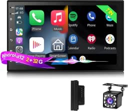 Multimídia MP5, Multimídia Automotivo 7 Polegadas, Android 12, 2Din, Compatível com CarPlay e Android Auto Sem Fio, Câmera Traseira com 12 LEDs, GPS, BT, 2GB+32GB
