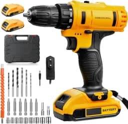 Blackultra Parafusadeira e Furadeira à Bateria 21V Conjunto de Furadeira Elétrica Sem Fio com Bateria e Carregador, Kit de 24 Acessórios e Maleta, Luzes LED, 2 Baterias, Amarelo (21V)