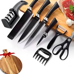 Kit de Facas Cozinha Churrasco Premium Inóx 9 Peças TECHSELLER - Conjunto completo do Chef com Facas, Amolador, Garra de Carne + Tábua