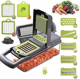 Cortador de Vegetais 12 em 1 - Resistente Cortador de Mandolina, Batata, Cebola, Legumes com Descascador, Protetor de Mão e Recipiente (Preto)