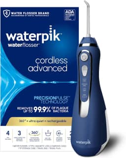 Waterpik Fio dental Advanced 2.0 sem fio para dentes, gengivas, aparelhos, cuidados dentários com bolsa de viagem e 4 pontas, aceito pela ADA, recarregável, portátil e impermeável, azul WP-583,