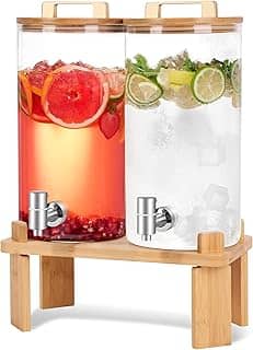 Dispensador de Bebidas de 6L, 2 Uunidades, Suqueira de Vidro com Torneira, Suqueira, Dispensador de Bebidas de Vidro com Suporte de Madeira