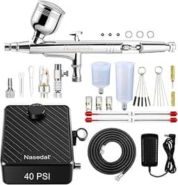 Nasedal Kit de aerógrafo de ação dupla atualizado com compressor de ar 40PSI tinta modelo de escova de ar para maquiagem de unhas de carro, decoração de bolo, arte, desenho, artesanato, tatuagem
