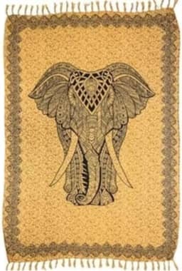 Canga de Praia Estampa de Elefante Mandala Poliéster Bege com Franja, Decorativa Piscina