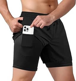 Short masculino 2 em 1 atlético de secagem rápida, leve para corrida, absorção de suor, academia e treino