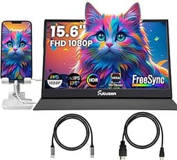 Futuzen Monitor portátil de 39.6 cm 1080p FHD Segundo Monitor externo para laptop/MacBook/telefone, escritório e viagens, Dual USB-C/Mini HDMI ultraleve 0,65 kg com capa de couro FreeSync HDR