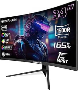 ZER-LON Monitor de jogos curvo de 34 polegadas, monitores de computador Ultrawide 21:9 WQHD 3440×1440 165Hz, 1500R 1ms (MPRT), 125% sRGB, 350nits, FreeSync, HDMI 2.0 x2, DP1.4 x2, montável na parede