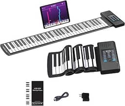 KONIX Piano de enrolar com 61 teclas, piano portátil recarregável com teclado flexível de silicone, saída MIDI, conexão de fone de ouvido, 128 ritmos, melhor presente para crianças e iniciantes