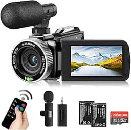 Weochi Câmera de vídeo 4K 48MP 60FPS YouTube com microfone de lapela sem fio e microfone externo para vlogging, tela Ultra HD de 3 polegadas, câmera gravador de vídeo com zoom digital de 18X com