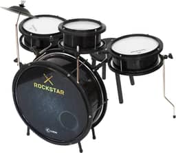 Bateria Infantil Luen Rockstar 4 Peças, Alumisteel e ABS com Acabamento Metálico Preto, Aro de Nylon, Pele Leitosa