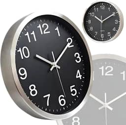 Relógio de Parede Silencioso Prata em Alumínio Decorativo Minimalista Moderno Cozinha Quarto Sala Escritório Redondo Fundo Preto Ponteiro Segundos Contínuo Aço Escovado