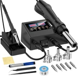 Kit de estação de retrabalho de ar quente 2 em 1, ferro de solda com display digital duplo, ar quente, aquecimento rápido, com 5 pontas de ferro de solda, 3 bicos de ar quente, pinça