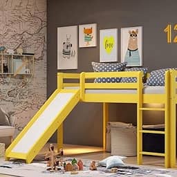 Cama Alta Kids com Escorregador em Madeira Maciça/MDF Amarelo