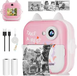 Basike Câmera Infantil Digital e Instantânea 20MP 1080P, Tela 2,4" IPS, Zoom 6X, Impressão Térmica 200 dpi, Vídeo, Time-Lapse, Jogos Educativos, Portátil com Papel de Impressão – Rosa