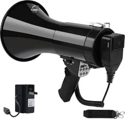 Megafone Bullhorn Bluetooth 50W com bateria recarregável - Mega telefone profissional com sirene e gravação 240s suporta USB/TF/entrada auxiliar de 3,5 mm - alcance de 1600 metros para atividades