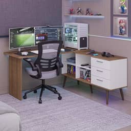 Mesa para Computador Gamer em L 3 Gavetas Branco/rustic Lisboa Madesa