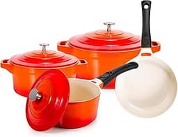 LE COOK Jogo de Panela Premier Antiaderente Cerâmica 4 Peças Laranja Caçarola 20cm 24cm, revestimento ceramico Frigideira e Panela com Cabo Removível Compatível com Indução e Forno