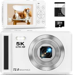 Câmera Digital 5K 72MP,Fotográfica para Vlog, Foco Automático,Zoom Digital 16x,Tela IPS de 2.8 Polegadas para fotografia, Flash, Cartão SD de 32GB, Câmera Compacta, Ideal para Iniciantes, Branco