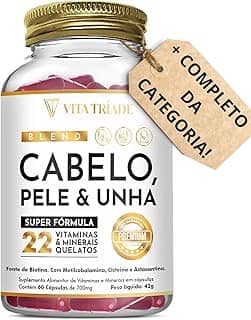 Vitamina para Cabelo Pele e Unha - Super fórmula com 22 Nutrientes 60 cápsulas sem sabor - Com Biotina, Cisteína, Metilcobalamina, Astaxantina, Ácido Fólico