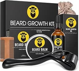 Kit de crescimento de barba – Kit de barba para homens com óleo de crescimento de barba (60 ml), bálsamo para barba, pente de barba, massageador para barba manchada/irregular - Natal, aniversário