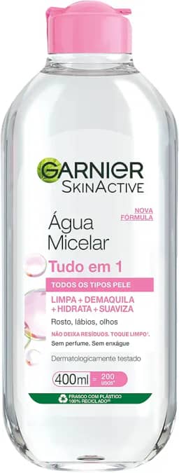 Garnier SkinActive Água Micelar de Limpeza Tudo em 1, Solução Demaquilante que Limpa, Tonifica e Remove Oleosidade, Fórmula Suave Sem Álcool para Todos os Tipos de Pele, 400ml