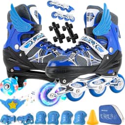 2 Em1 Patins Infantil Ajustável, Patins 4 Rodas, Patins Quad, Patins Infantil Menina, Ajustável com Bolsa e Kit Proteção, Para meninas, meninos e iniciante (Azul）M (33-37))