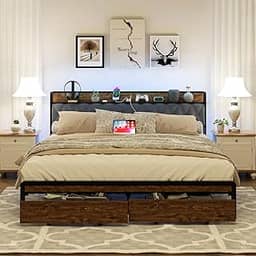 viplov Estrutura de cama king size com armazenamento e cabeceira estofada, plataforma de metal com 2 gavetas, estação de carregamento e luz LED, sem ruído, suporte de metal, sem box Spring, marrom