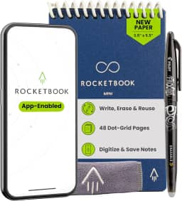 Rocketbook Novo mini bloco de notas inteligente reutilizável, tamanho de bolso 9,5 x 13,5, azul escuro - páginas pontilhadas, conectadas ao aplicativo, apagável, ideal para anotações rápidas em