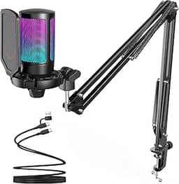 FIFINE Gaming PC Microfone USB, Microfone Condensador para Podcast com Braço,Filtro Pop,Botão Mudo para Streaming,Twitch,Chat Online,Mic RGB para Computador para PS4/5 y Jogadores e Youtuber-A6T