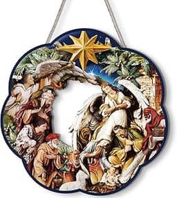 Cinnvoice Guirlanda de Natal da Sagrada Família, Guirlanda de Madeira com Tema de Presépio, Decoração de Porta para Natal, Jesus