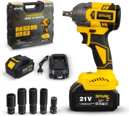 Chave Impacto Spark BR 21V Brushless Portátil Torque 350Nm 2 Velocidades LED Indicador Carga Bateria 3000mAh Maleta Carregador Rápido 4 Soquetes