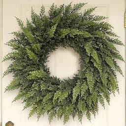 Guirlanda de cedro de Natal de toque real de 61 cm - Guirlanda de cedro artificial verde falso com agulhas de pinheiro falsas para porta da frente, parede, janelas, casa, ao ar livre, decoração de
