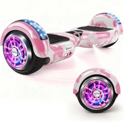 Egazza Hoverboard Skate1 Elétrico 6,5” com Bluetooth e Rodas LED, Scooter de Equilíbrio para Crianças e Adolescentes, Camuflagem Rosa