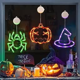 LOLStar Pacote com 3 decorações de janela de Halloween, laranja, abóbora, verde, aranha, roxo, chapéu de bruxa, luzes de janela operadas por bateria com ventosa, função de temporizador de desbotamento