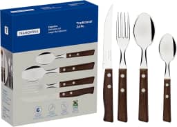 Faqueiro 24 Peças Tradicional Sortidos com Laminas de Aço Inox e Cabos de Madeira, Tramontina, Tradicional 22299050, Natural