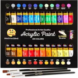 Conjunto de tintas acrílicas para pintura em tela, 24 cores, acabamento perfeito (11,6 g, 12 ml) com 3 pincéis - Tela, papel, madeira, pedra, MDF, cerâmica e tecido