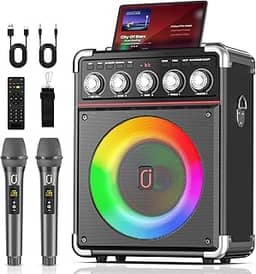 JYX Caixa de Som com 2 Microfones, Caixa de Som Bluetooth para Adultos e Crianças, Caixa de Som Karaoke com Ajuste de Graves/Agudos, Sistema de PA com Controle Remoto, Suporte para REC/USB/AUX/TF(60W)