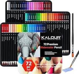 KALOUR Lápis de aquarela profissional com 2 pincéis - 72 cores - lindos efeitos de mistura com água ou seco - Ideal para livros de colorir - Lápis solúveis em água para crianças e adultos iniciantes