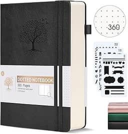 Agenda organizadora pontilhada Ansopu, 360 páginas numeradas, 100 g/m², caderno grosso, capa dura de couro, para escrita, para mulheres e homens, A5, para trabalho, 14,6 x 21,3 cm, preta