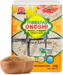 OKOSHI - Torrada de Arroz Integral Orgânico Quinoa e Linhaça - Bolacha de arroz, Snacks Fit de Baixa Caloria - Vegano, Sem Açúcar, Baixo Sódio, Sem Glúten, Sem Lactose, Sem Gordura Trans, Kosher - 75g