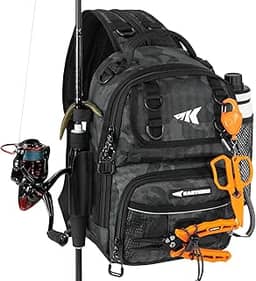 KastKing Bolsa de pesca BaitSpace, mochila de pesca resistente à água com suporte para vara e bebidas, alças ajustáveis, bolsa de armazenamento para equipamentos e equipamentos de pesca