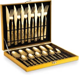 Kit Faqueiro Dourado Luxo Jogo Talheres Inox 24pçs + Maleta