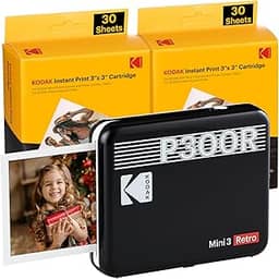 Impressora fotográfica portátil KODAK Mini 3 Retro 4PASS (7,6 x 7,6 cm), inicial 8 folhas + pacote de 60 folhas, preta