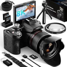 NBD Câmeras digitais 8K para fotografia, câmeras vlogging de 64 MP, zoom óptico de 16x, câmeras digitais fotográficas com tela flip de 180°, lente de 58 mm, 2 baterias, cartão de 64 GB (preto)