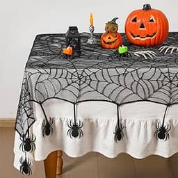 Windkream Caminho de mesa de Halloween de 152 x 213 cm, corredor de mesa de teia de aranha de renda preta com aranha rastejante, decorações góticas de Halloween para decoração de interiores de festa