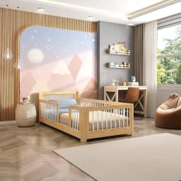Cama Infantil Solteiro Montessoriano Wave com Rattan Casatema Branco/Natural