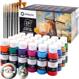 Artecho Conjunto de tinta acrílica 24 cores 59 ml com 12 pincéis, kit de tintas para artesanato, tinta para tela, pedras, madeira, tecido, cerâmica e materiais de arte, tinta não tóxica para artistas