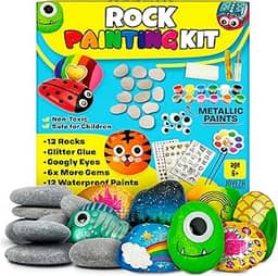 JOYEZA Kit de pintura de rocha de luxo, artes e artesanato para meninas meninos a partir de 6 anos, 12 pedras, melhor conjunto de arte para presente para adolescentes, tintas à prova d'água, kits de artesanato com tudo incluído, suprimentos de arte, atividades infantis 4 5 6 7 8 9 10